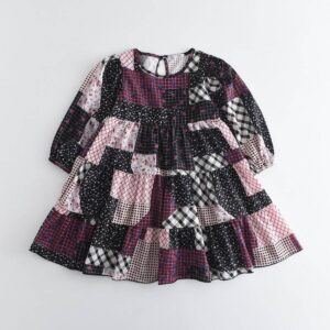 Kids Girls Casual Round Neck Long Sleeve Color Blocking Loose Dress