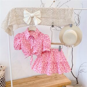 Girls Fashion Pink Leopard Lapel Short Sleeve Single-breasted Blouse And Ruffled Skirt Set