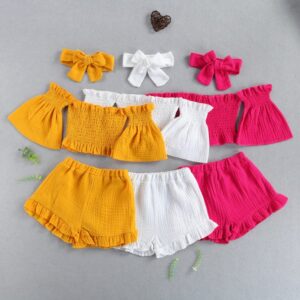 Girls Basic Solid Color Off-the-shoulder Elastic Top And Shorts With Headband Set