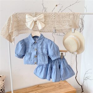 Girls Basic Puff Sleeve Lapel Single-breasted Top And Skirt Denim Two-piece Set