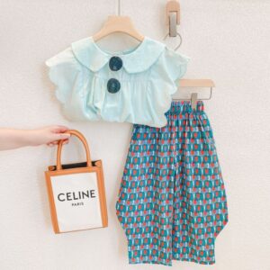 Girls Basic Doll Collar Wavy Sleeveless Blouse And Wide Leg Pants Two-piece Set