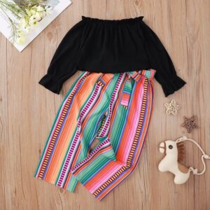 Girls Casual Solid Color Off-the-shoulder Top And Color Blocking Pants