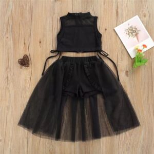 Girls Fashion Solid Color Sleeveless Tops And Mesh Pantskirt Set
