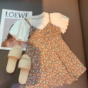 Girls Fashion Solid Color Puffed Sleeves Tops And Floral Slip Dress Set