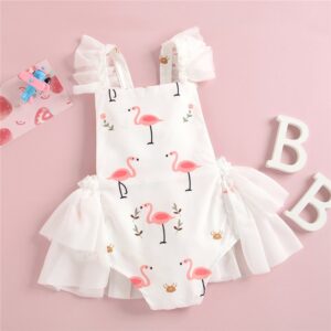 Girls Cute Flamingo Pattern Mesh Design Romper