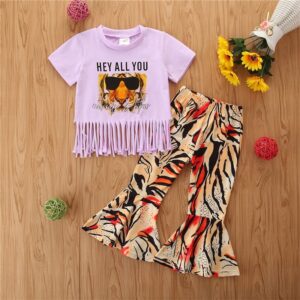 Girls Fashion Tiger Pattern Tassels Design T-Shirt And Pants Set