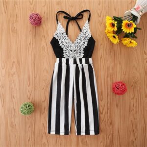 Girls Fashion Lace Design Striped Jumpsuit