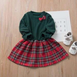 Girls Long-sleeves Plaid Spliced Dress