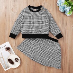 Girls Long-sleeves Plaid Tops And Skirt Set