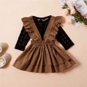 Girls Polka Dot Long-sleeves Mesh Tops And Shoulder Belt Skirt Set