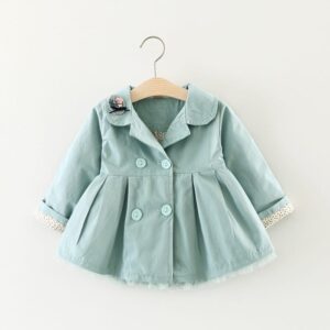 Girls Cute Cat Embroidered Lapel Design Pleated Lower Hem Wind Coat