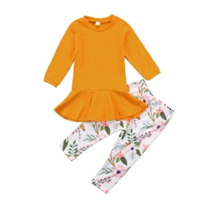 Girls Round Neck Skirt Design T-Shirt And Flower Printed Pants Set