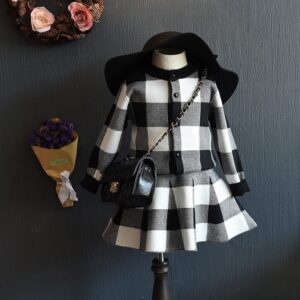 Girls Plaid Single-breasted Tops And Skirt Set