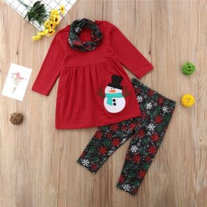 Girls Snowman Pattern T-Shirt And Snowflake Pants With Headband