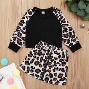 Girls Long-sleeves T-Shirt And Leopard Printed Skirt Set