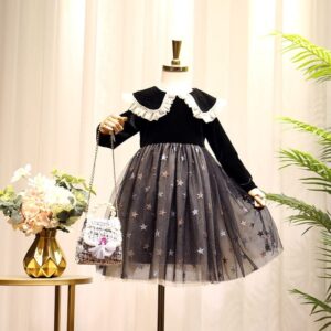 Girls Stringy Selvedge Lapel Design Star Pattern Dress
