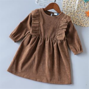 Girls Solid Color Corduroy Pleated Dress