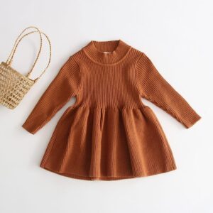 Girls Solid Color Round Neck Long-sleeves Dress