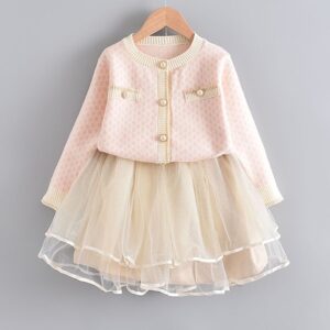 Girls Single Row Button Tops And Gauze Design Skirt Two-piece Set