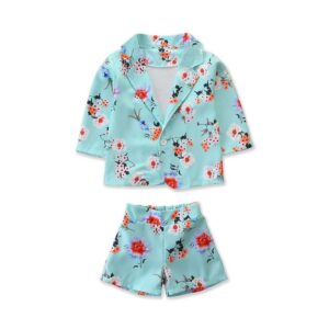 Girls Blue Floral Print Suit And Shorts Set
