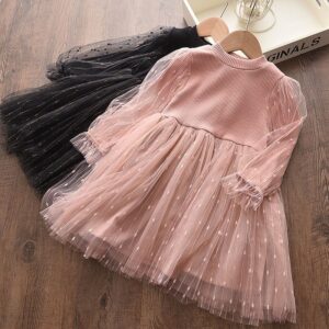 Girls Round Neck Solid Color Gauze Design Dress