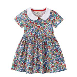 Girls Floral Print Short Sleeve Round Neck Dress