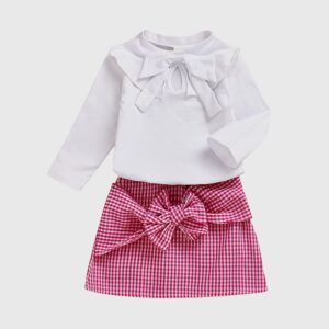 Girl Solid Color Bownot Decor Top And Plaid Skirt Set