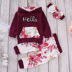 Girls Hello Pattern Sports Sweatshirt And Flower Printed Trousers With Headband