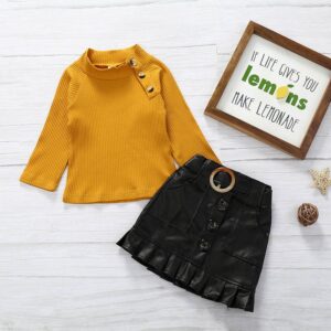 Girl Knitted Solid Color Top And Black PU Skirt Set