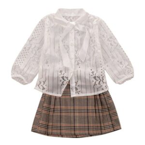 Girl Long Sleeve Lace Top And Plaid Skirt Set