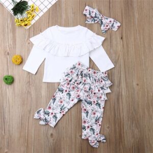 3 Pcs Set Girl White Ruffle T-Shirts And Floral Pants With Headband