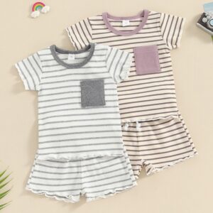 Kids Baby Boys Girls Casual Cute Stripe Print Short Sleeve Round Neck T-Shirt Shorts Set