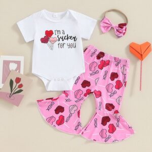 Kids Baby Girls Valentine Cute Heart Print Short Sleeve Round Neck Romper Flare Trousers Set