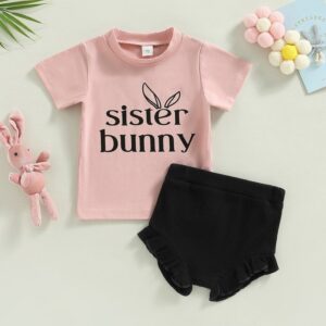 Kids Baby Boys Girls Easter Cute Letters Print Short Sleeve Round Neck Shorts Set