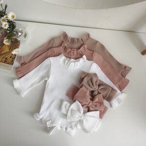 Kids Baby Girls Casual Solid Color Pit Long Sleeve Romper