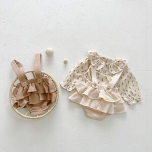 Kids Baby Girls Spring And Autumn Casual Cute Tiny Flower Print Long Sleeve Ruffled Shorts Set