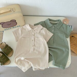 Kids Baby Boys Girls Fashion Casual Solid Color Short Sleeve Lapel Romper