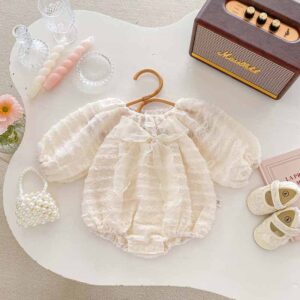 Kids Baby Girls Cute Lace Solid Color Long Sleeve Round Neck Romper