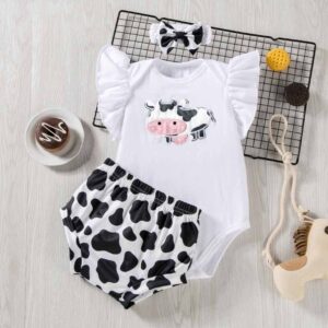 Kids Baby Girls Cute Cartoon Cow Print Fluttering Sleeve Romper Shorts Set