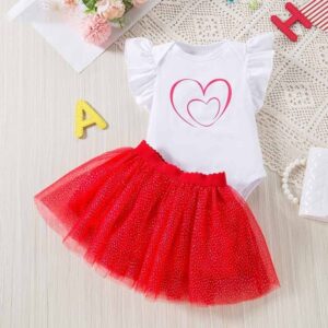 Kids Baby Girls Party Cute Heart Print Fluttering Sleeve Romper Skirt Set