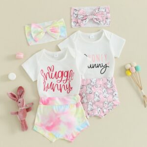 Kids Baby Girls Summer Casual Cute Easter Letter Print Short Sleeve Round Neck Romper Tie Dye Shorts Set