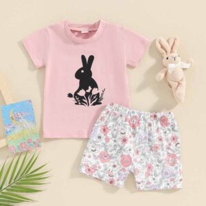 Kids Baby Girls Summer Casual Cute Easter Rabbit Print Short Sleeve Round Neck T-Shirt Floral Shorts Set
