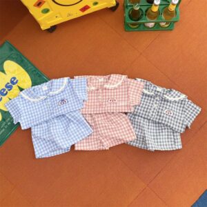 Kids Baby Boys Girls Summer Casual Cute Plaid Print Short Sleeve Lapel T-Shirt Shorts Set