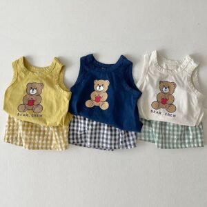 Kids Baby Boys Girls Casual Cute Cartoon Bear Print Sleeveless Round Neck Tank Top Plaid Shorts Set