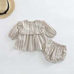 Kids Baby Girls Casual Stripe Print Long Sleeve Round Neck Dress Shorts Set