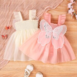 Summer Baby Girls Solid Color Cute Butterfly Mesh Ruffled Princess Dress