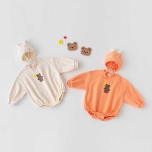 Kids Baby Boys Girls Casual Cute Cartoon Bear Print Long Sleeve Round Neck Romper