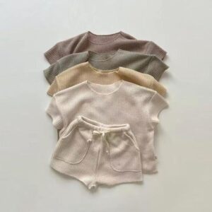 Kids Baby Boys Girls Casual Cute Solid Color Knitwear Short Sleeve Round Neck Top Shorts Set