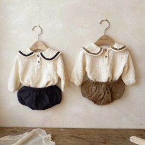 Kids Baby Boys Girls Casual Cute Color Matching Long Sleeve Round Neck Top Shorts Set
