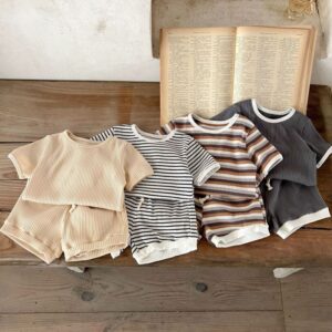 Kids Baby Boys Girls Casual Cute Stripe Short Sleeve Round Neck Top Shorts Set